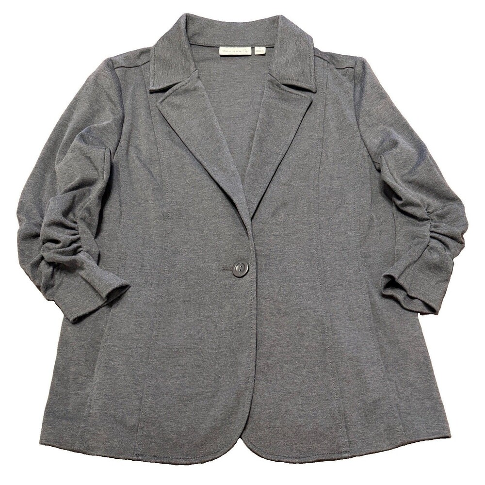 Susan Graver Womens Small Single-Breasted One-Button 3/4 Blazer Grey Stretch